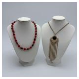 Ruby agate & black cabochon tassel necklaces