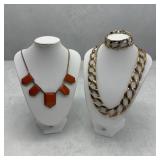 Orange pendant & brass necklace bracelet set