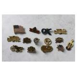 14 vintage pins - flag, train, Texas etc