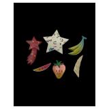 6 enamel & acrylic fruit, palm tree etc brooches