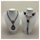 Enamel teardrop medallion & lucite necklaces