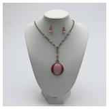 Pink satin glow cats eye necklace & earrings