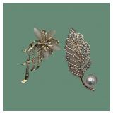Rhinestone & pearl floral feather brooches