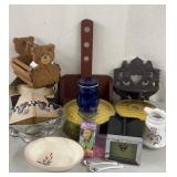 Vintage Tins, Glass Bowl, Blue Jar etc