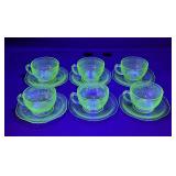 6 uranium green glass Florentine cups saucers