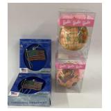 4 New Christmas Ornaments - Barbie, Flag