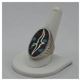 Turquoise inlay swallow ring Sz 10