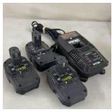 3 Ryobi 18v Lithium Batteries and Charger