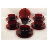 6 Royal Ruby Glass Cups Saucers Sets