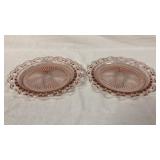 2 Pink Depress Glass Open Lace Dinner Plates