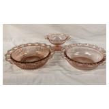 2 Pink Depress Glass Open Lace Candy, Bowls