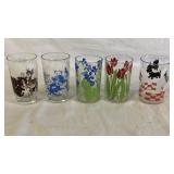 Five 1950s Juice Glasses, Scotty Dog, Tulips