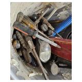 Bucket of auto supplies - level, screw drivers etc