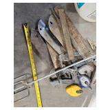 Bucket of tools -saws/string line/files/tin snips