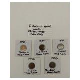 5 Indian Head cents 1880-1883