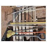Pallet of yard supplies - rakes, hoes, broom etc