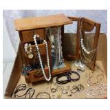 JEWELRY BOX W/ ETCHED GLASS DOORS &COSTUME JEWELRY