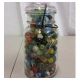 GLASS LID BALL JAR FULL OF VINTAGE MARBLES