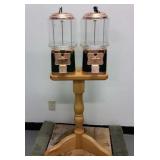 PAIR GUMBALL MACHINES ON WOODEN STAND PAIR GUMBALL MACHINES ON WOODEN STAND