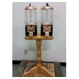 PAIR GUMBALL MACHINES ON WOODEN STAND