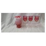 Fenton Hobnail Cranberry Vase, Cranberry Cordials
