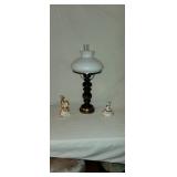 Wood Lamp, 2 Porcelain Chickens
