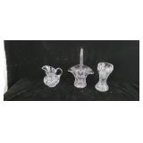 Cut and Etched Glass Basket, Vase and Pitcher