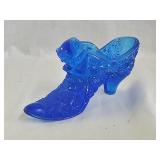 Fenton COA Button and Daisy Blue Art Glass Shoe