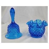 Fenton Art Glass Blue Hobnail Vase and Bell
