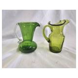 2 Hand Blown Green Art Glass Cream Pitchers