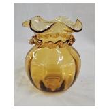 Amber Hand Blown Art Glass Ruffled Vase
