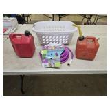 New Garden Hose, 2 Gas Cans, Laundry Basket