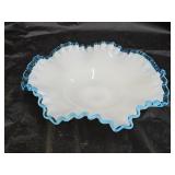 Fenton Aqua Crest Milk Glass Ruffled Bowl