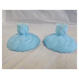 2 Fenton Blue Satin Water Lily Candle Holders