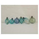 6 Vintage Tinsel Filled Blue Glass Ornaments