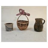 Miniature Stoneware Pottery and Wicker Basket