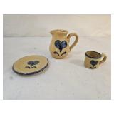 3 Miniature Yellow Ware Blue Stenciled Pottery Pcs