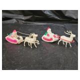 2 Vintage Celluloid Santa on Sleigh with Reindeer