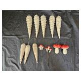 Vintage Cotton Spun Icicle and Mushroom Ornaments