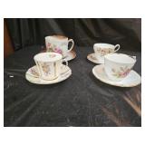 4 Vintage Hand Painted Bone China Cups & Saucers