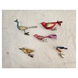 5 Glass Bird Clip Christmas Ornaments