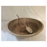 Antique Primitive Wood Dough Bowl, Wood Spoon