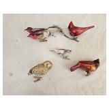 5 Glass Bird Clip Christmas Ornaments