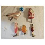 5 Vintage Glass and Celluloid Christmas Ornaments
