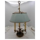 IMPRESSIVE LAMP HAS BRASS ACCENTS BLUE SHADE