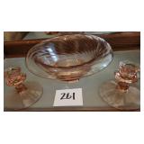 Pinkkk Depression Glass Console Bowl & Candleholde