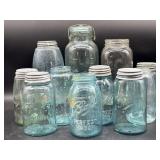 Antique Blue, Green, and Clear Glass Jars -