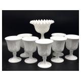Milk Glass Hobnail Compote 6" and Milk Glass Cups