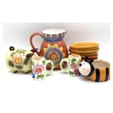 Ceramic Pitcher, Bee Planter, Piggy Bank, and