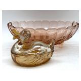 Carnival Glass Duck Lidded Dish and Pink Glass